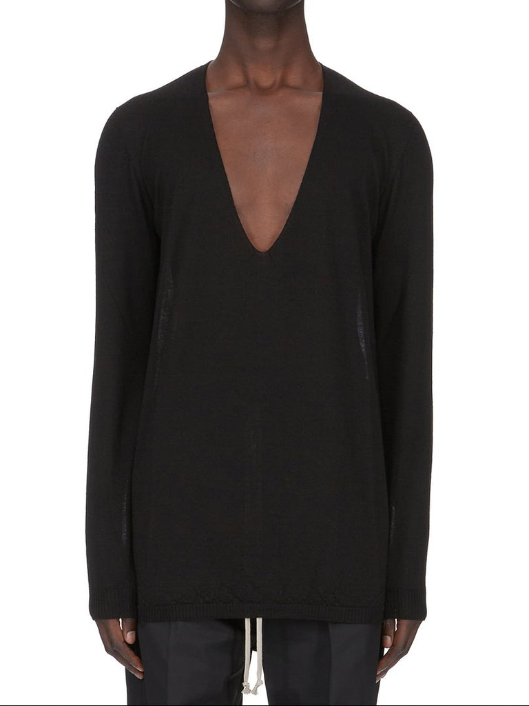 RICK OWENS SS26 TEMPLE OVERSIZE EXTREME V NECK IN BLACK LIGHTWEIGHT RASATO KNIT