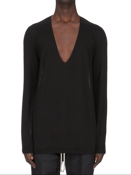 RICK OWENS SS26 TEMPLE OVERSIZE EXTREME V NECK IN BLACK LIGHTWEIGHT RASATO KNIT