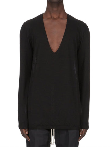 RICK OWENS SS26 TEMPLE OVERSIZE EXTREME V NECK IN BLACK LIGHTWEIGHT RASATO KNIT