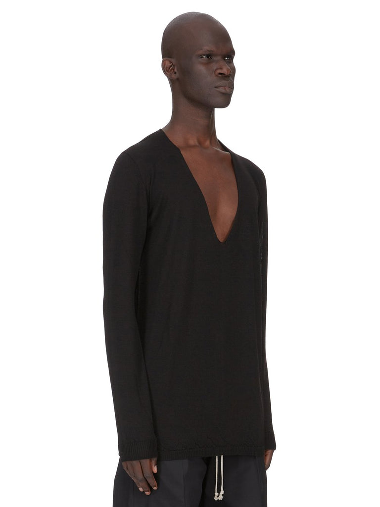 RICK OWENS SS26 TEMPLE OVERSIZE EXTREME V NECK IN BLACK LIGHTWEIGHT RASATO KNIT