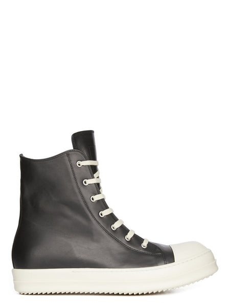 RICK OWENS FW23 LUXOR SNEAKERS IN BLACK AND MILK FULL GRAIN LEATHER