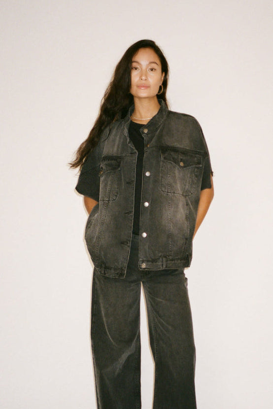 Rabens Saloner Mir Denim vest jacket Washed black denim