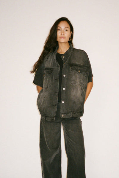 Rabens Saloner Mir Denim vest jacket Washed black denim