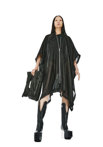 RICK OWENS SS24 LIDO SL PONCHO FLIGHT IN BLACK WASHED SILK HABOTAI