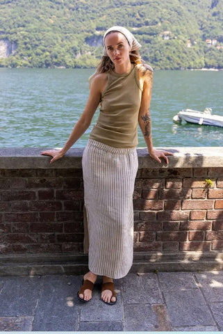 INDI&COLD CC947 STRIPED LINEN SKIRT - Stone