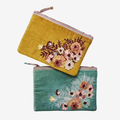 Madam Stoltz Embroidered velvet ipad sleeve 30x21cm in Mustard or Aqua
