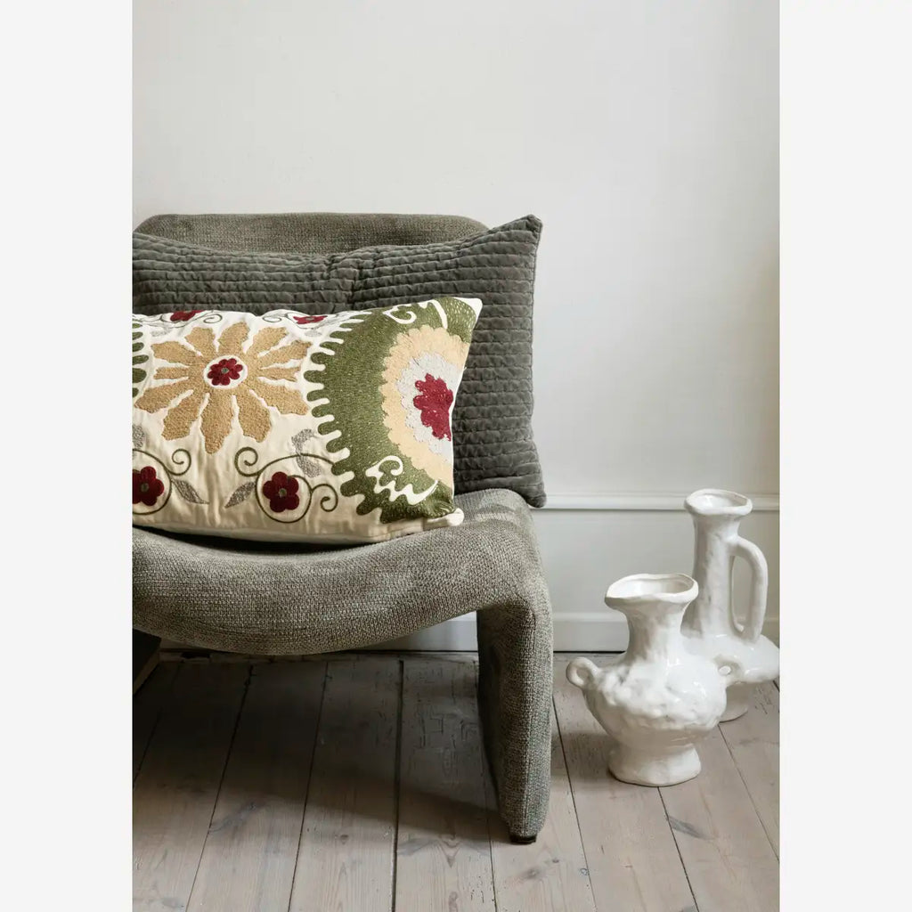 Madam Stoltz embroidered velvet cushion cover Green