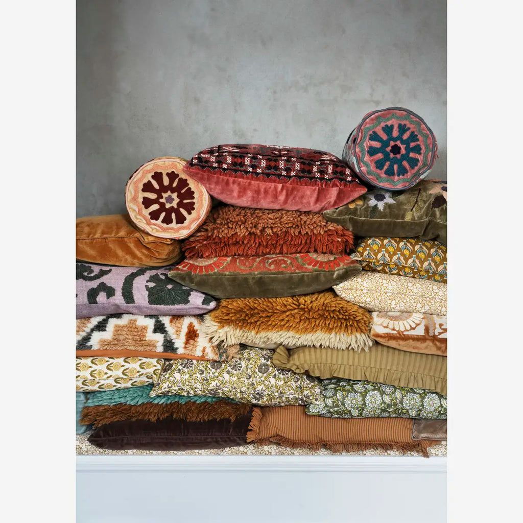 Madam Stolz Suzani embroidered velvet cushion cover khaki, dusty rose, orange, beige