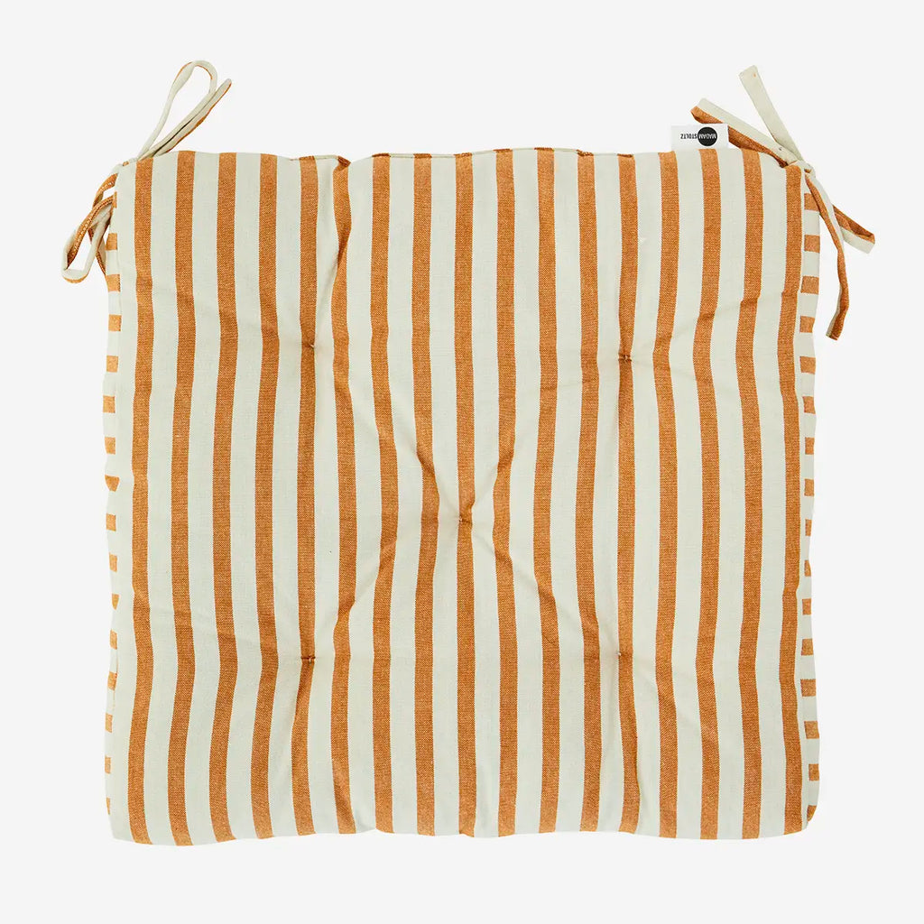 Madam Stoltz Striped Cotton Chair Pad in Off White / Dark Honey