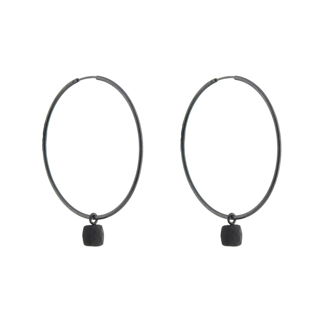 Black Onyx Hoop Earrings - Oxidised