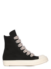 Rick Owens DRKSHDW FW26 TOWER JUMBOLACE SNEAKS IN BLACK/MILK/MILK 13OZ OVERDYED DENIM