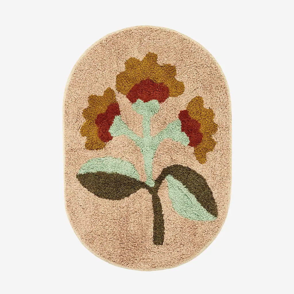 Madam Stolz Oval tufted bath mat rose, mustard, burnt orange, mint, green