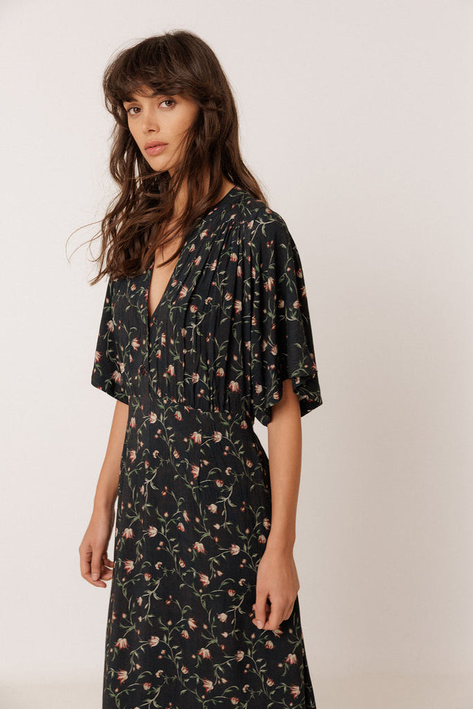 INDI&COLD AW26 LONG FLORAL PRINT DRESS NAVY