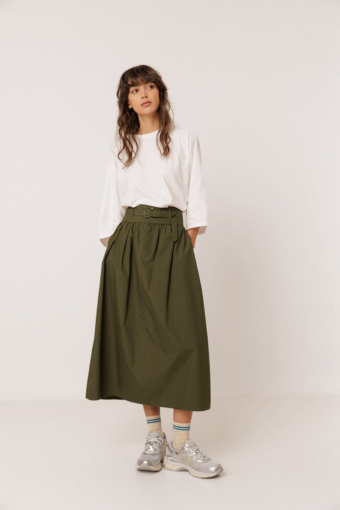 AW26 Falda POPLIN MIDI SKIRT MILITARY GREEN