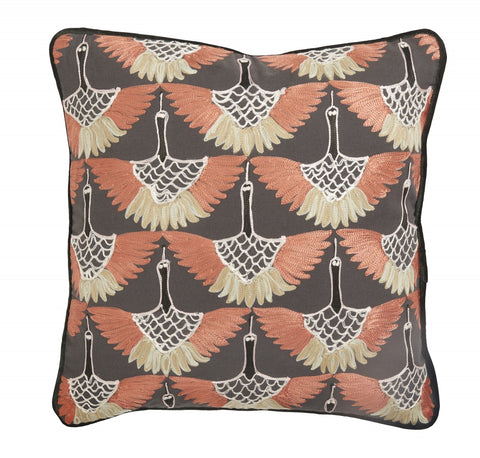 Cushion, dark orange bird embroidery