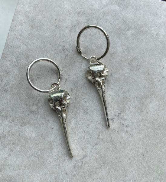 Bird Skull Small Hoop Earrings - Silver