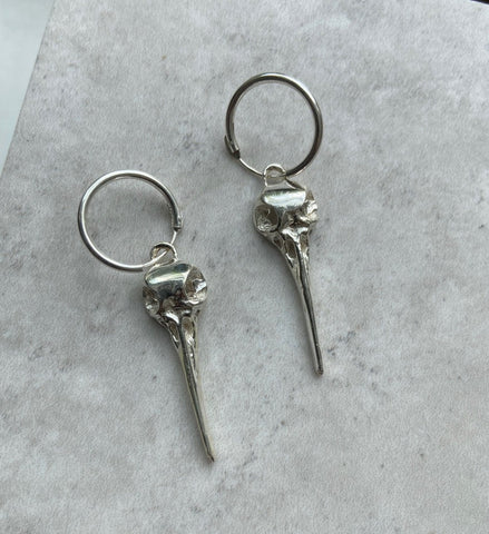 Bird Skull Small Hoop Earrings - Silver