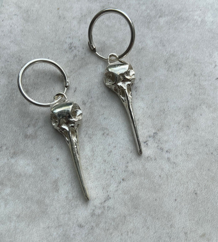 WDTS - Bird Skull Small Hoop Earrings - Silver