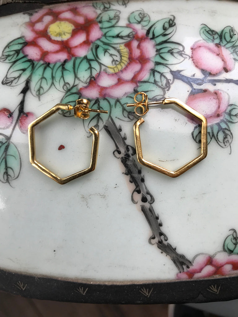 Gold plated 925 Silver small hexagon Earrings- gold