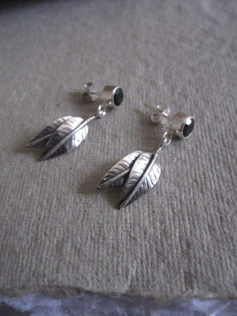 CollardManson 925 silver Black Onyx Leaf Drop Earrings