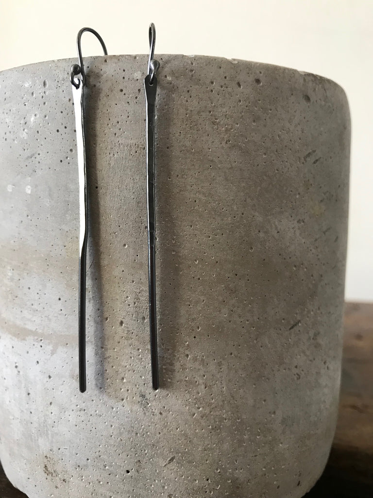 Long hammered oxidised silver post hook earrings