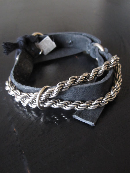 Goti 925 Oxidised Silver rope chain and leather bracelet BR1041