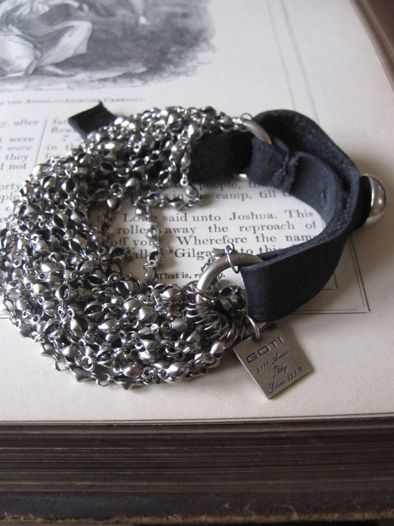 Goti 925 Oxidised Silver multi chain and leather bracelet BR989