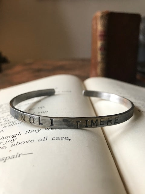 WDTS Window Dressing the Soul Silver - Hand Hammered Bangle - NOLI TIMERE - Mixed Finish