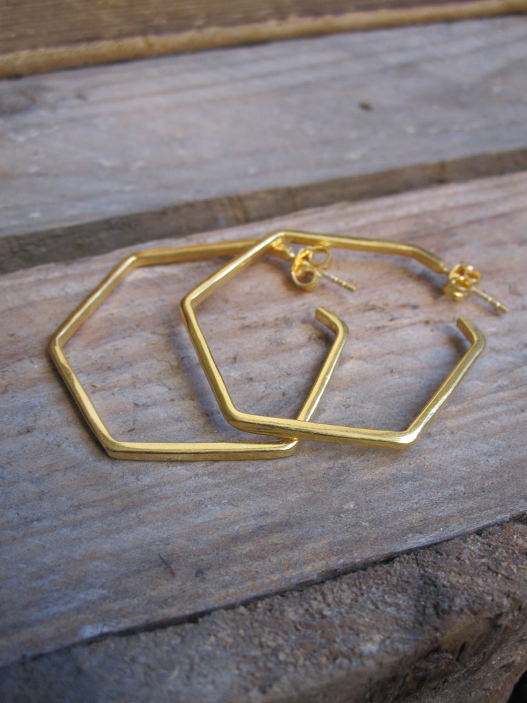 925 Silver Hexagon Earrings - Gold plated