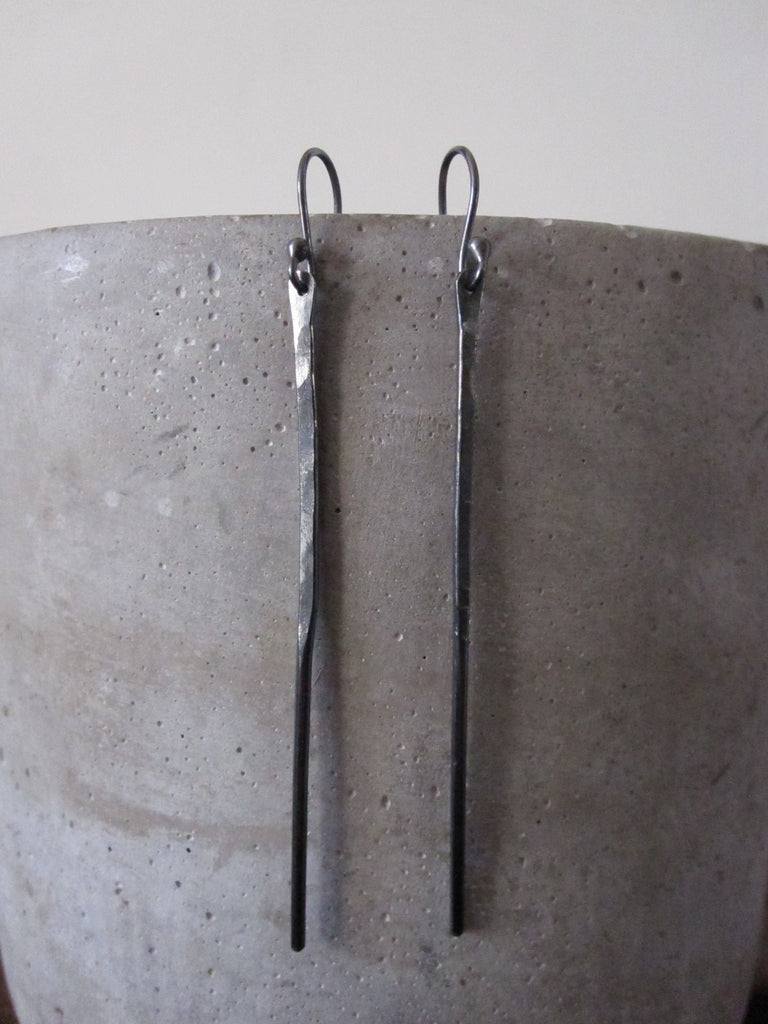 Long hammered oxidised silver post hook earrings