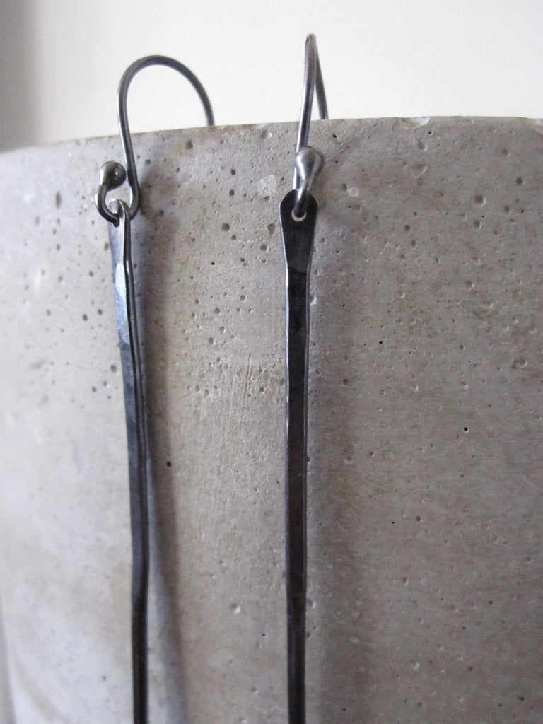 Long hammered oxidised silver post hook earrings