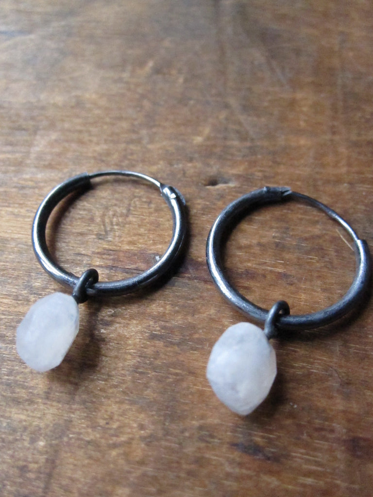 925 Silver Small Rainbow Moonstone Hoop Earrings - Oxidised