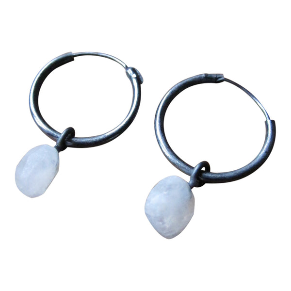 925 Silver Small Rainbow Moonstone Hoop Earrings - Oxidised