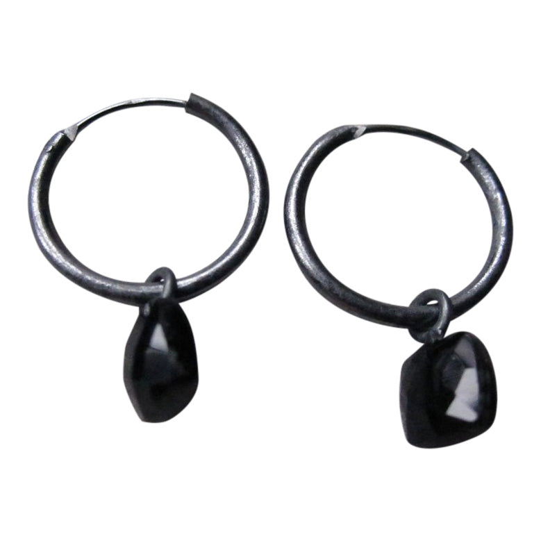 925 Silver Small Black Onyx Hoop Earrings - Oxidised