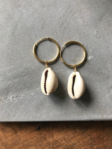 Cowrie shell small hoop earrings - gold plated