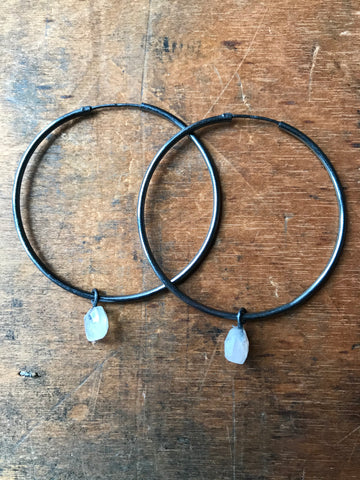 925 Silver Rainbow Moonstone Hoop Earrings - Oxidised