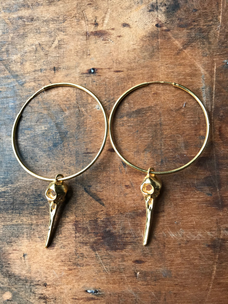 Bird Skull Hoop Earrings - Gold