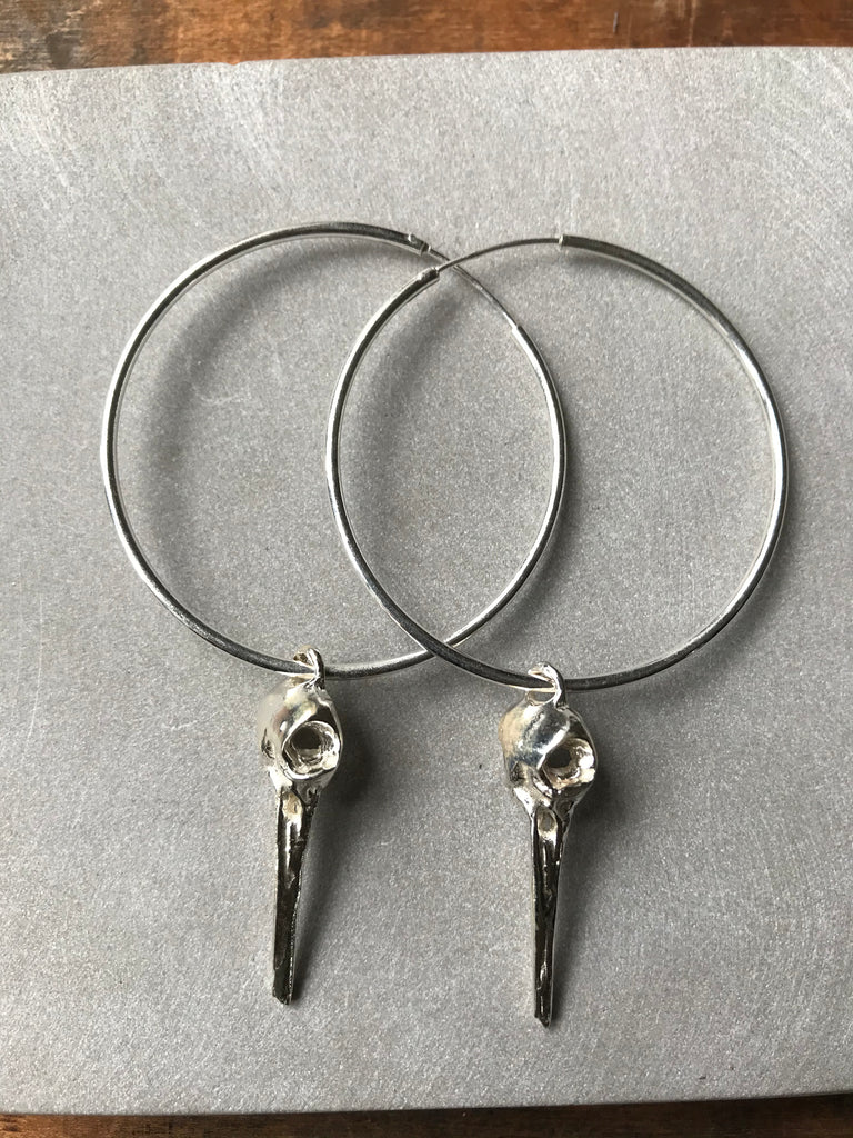 Bird Skull Hoop Earrings - Silver