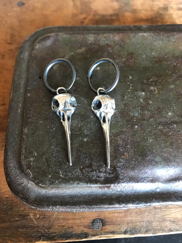 Bird Skull Small Hoop Earrings - Oxidised
