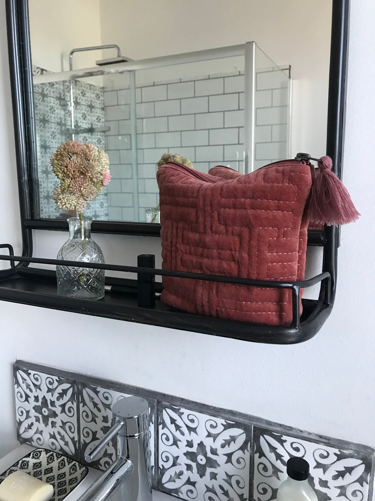 Embroidered Velvet cosmetic bag -sml pink
