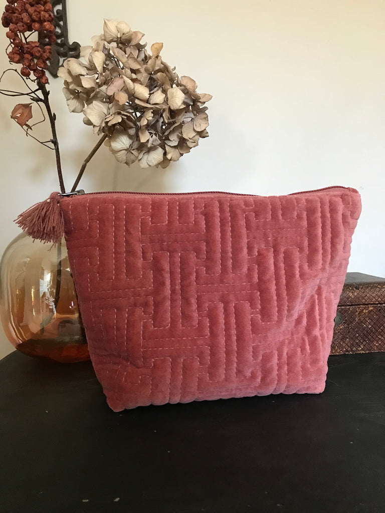 Embroidered Velvet cosmetic bag - large pink