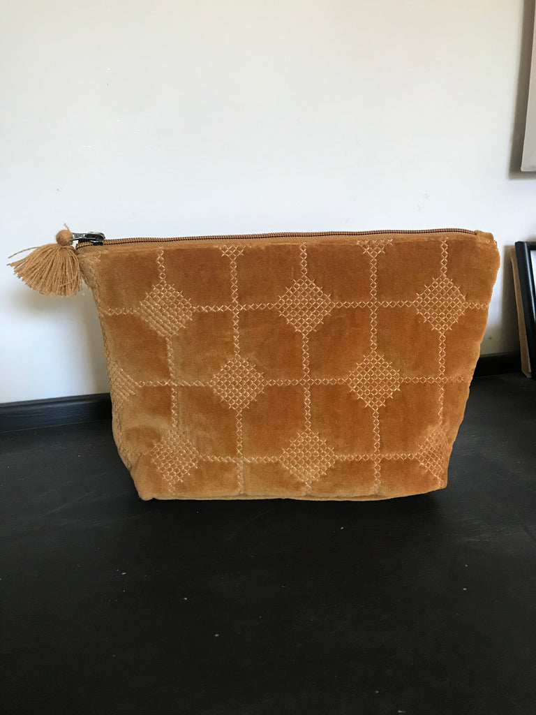 Embroidered Velvet cosmetic bag - large mustard
