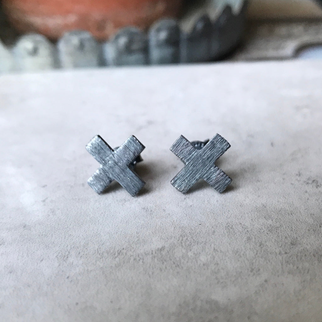 Brushed 925 Oxidised Silver X Studs