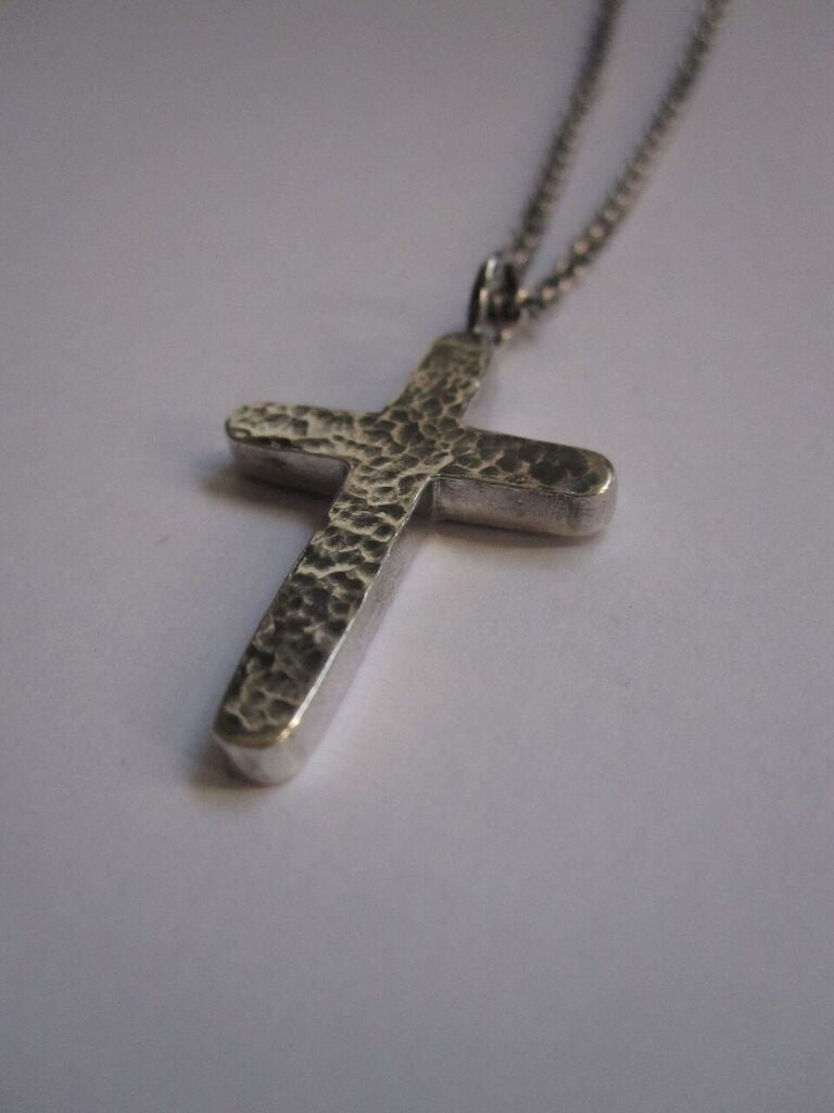 925 Silver Hammered Cross Necklace- oxidised