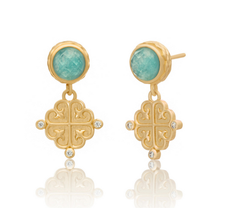Apollo Doublet Gemstone Studs with Gold Coins, Amazonite
