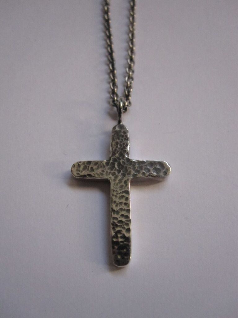 925 Silver Hammered Cross Necklace- oxidised