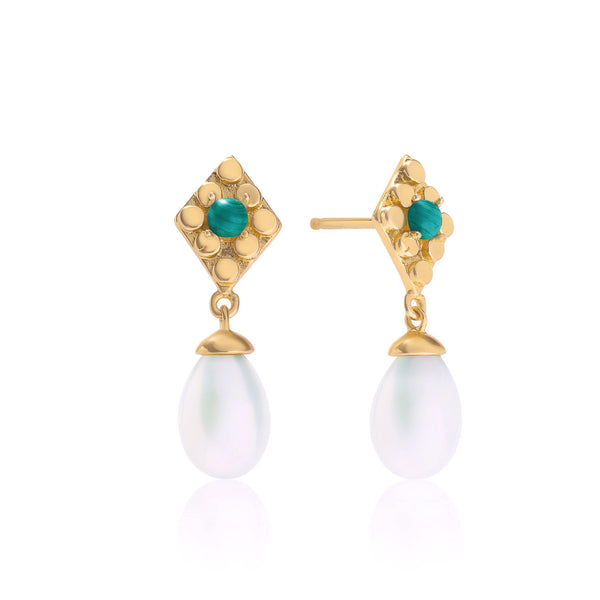Drop Pearl and Malachite Earrings
