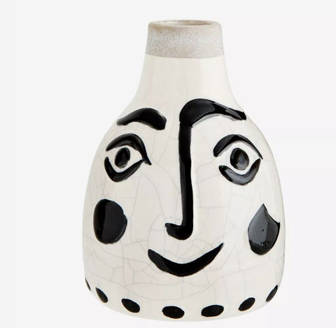 STONEWARE VASE W/ FACE white black