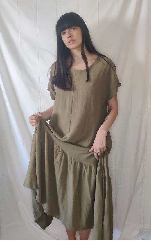 WDTS Seam Detail Frilled Hem Dress Olive Green