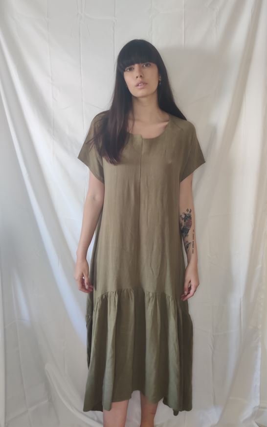 WDTS Seam Detail Frilled Hem Dress Olive Green